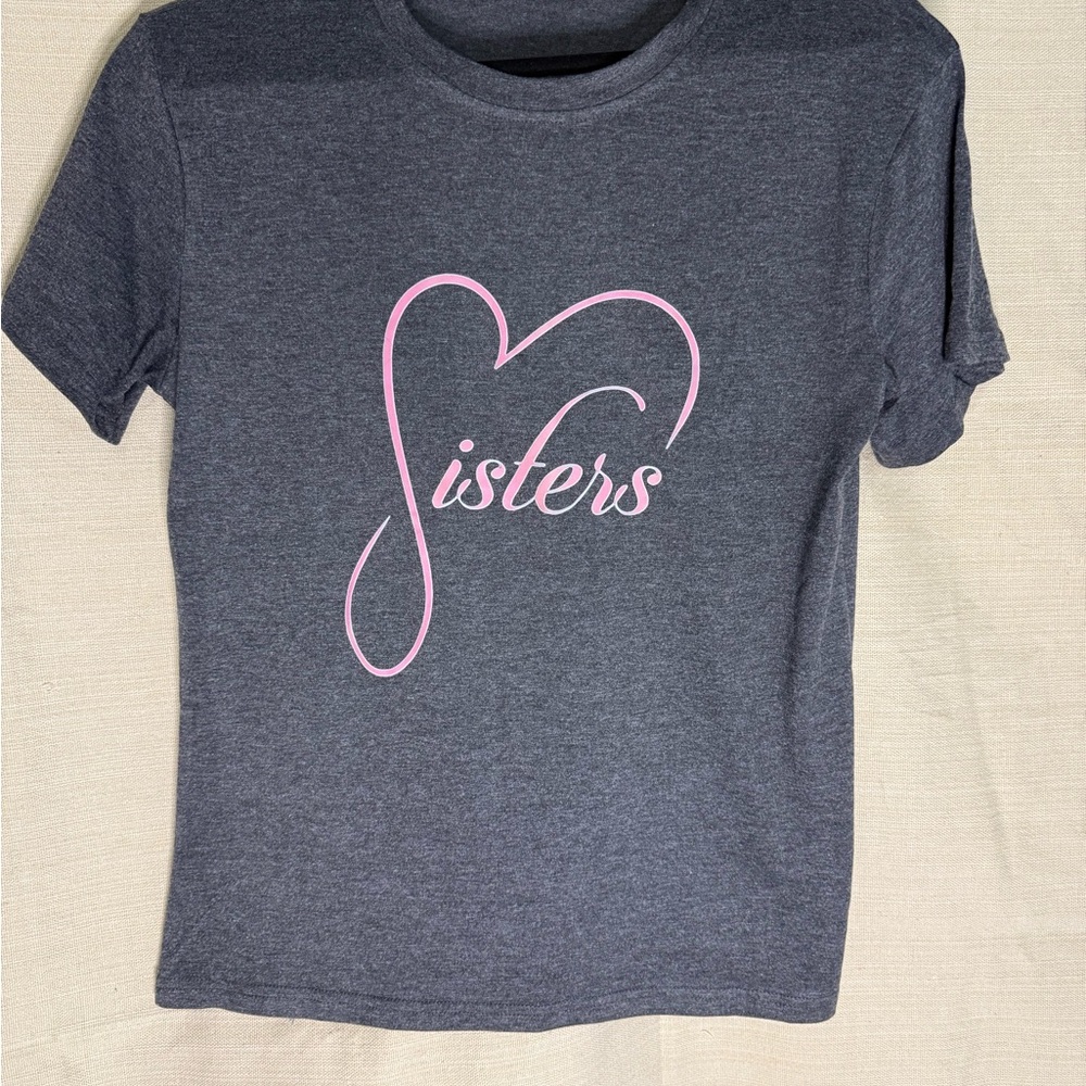 Charcoal Gray 'Sisters' Tee with Pink Script